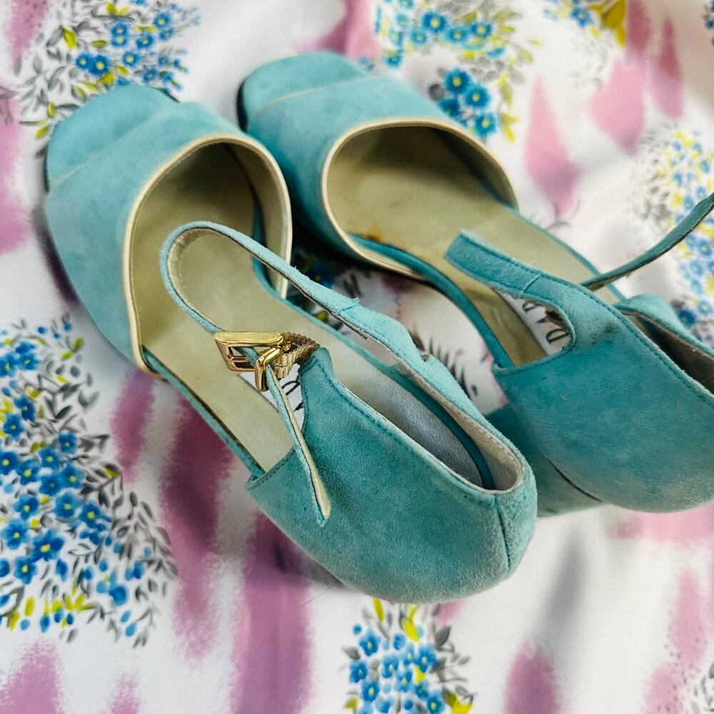 Vintage Y2K Light Blue Suede Chunky Heels Women's Size 8 Peep Toe Party Prom - Picture 4 of 5